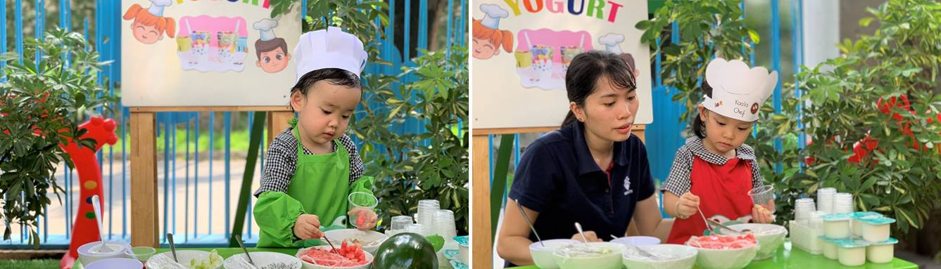 Bé tập làm sữa chua hoa quả dầm