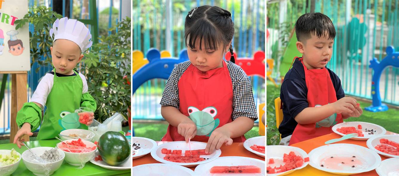 Bé tập làm sữa chua hoa quả dầm