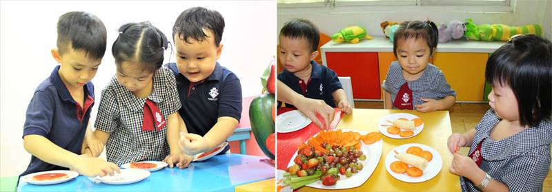 Trẻ tham gia hoạt động trang trí củ quả