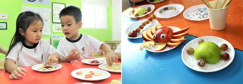 Trẻ tham gia hoạt động trang trí củ quả