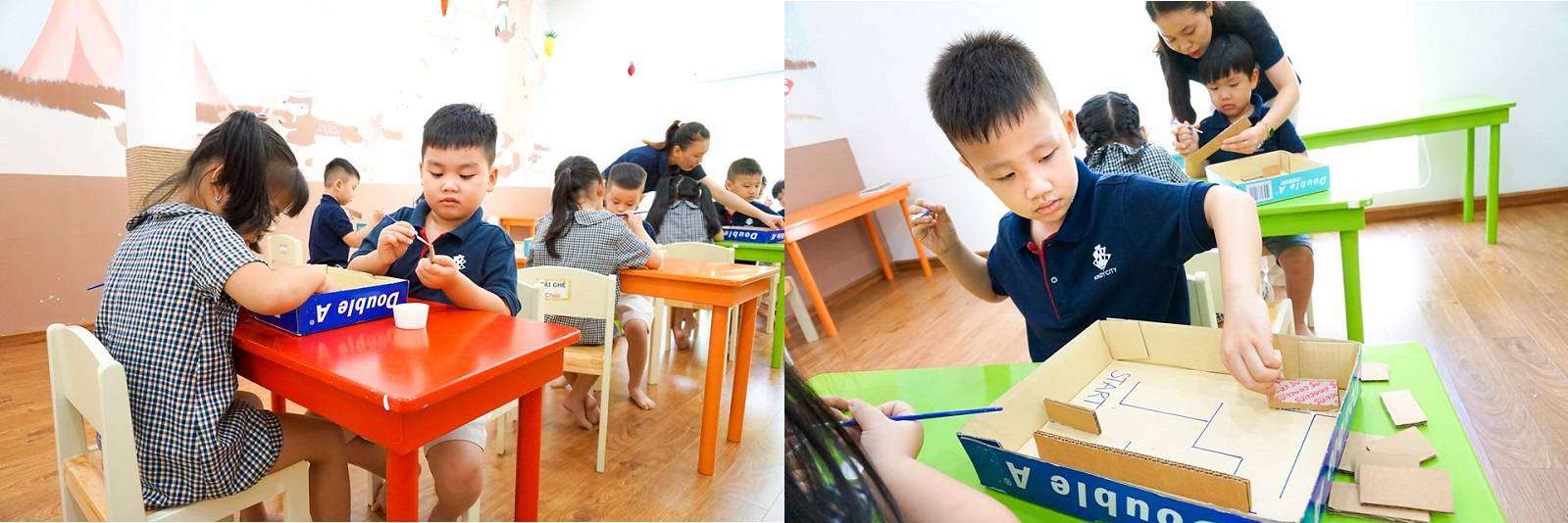 Mỗi nhóm hào hứng chơi trò ai lăn bóng qua mê cung nhanh hơn