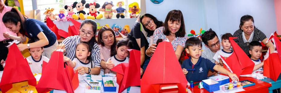 Trẻ cùng bố mẹ trang trí lồng đèn Trung Thu