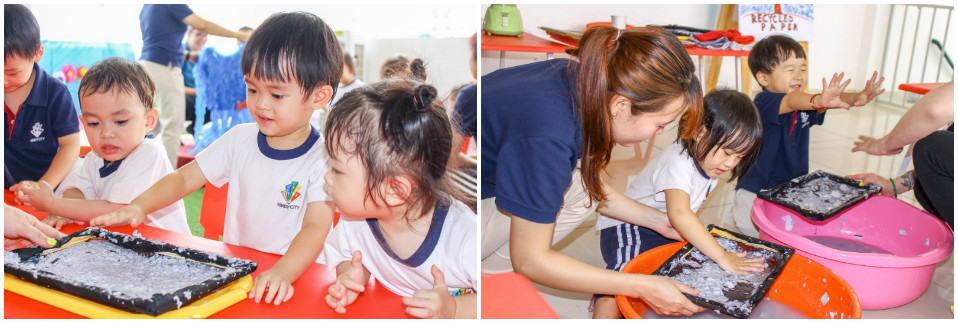 Học sinh Kindy City trong tiết học tái chế giấy cũ