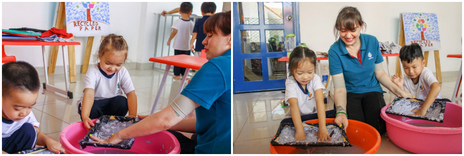 Học sinh Kindy City trong tiết học tái chế giấy cũ