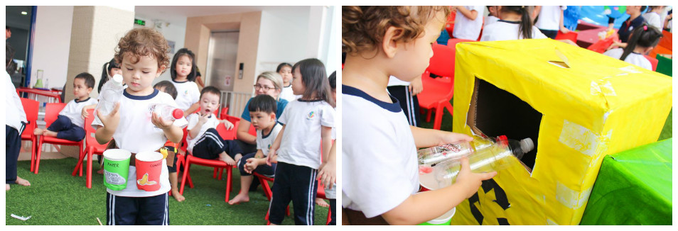 Bé tái chế rác thải thành đồ chơi tại trường Mầm non Quốc tế Kindy City Bé tái chế rác thải thành đồ chơi