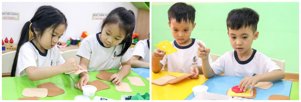 Lớp đã cắt dán, trang trí các “nguyên liệu” làm bánh Lớp đã cắt dán, trang trí các “nguyên liệu” làm bánh
