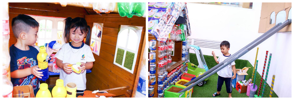 Bé tái chế rác thải thành đồ chơi tại trường Mầm non Quốc tế Kindy City Bé tái chế rác thải thành đồ chơi