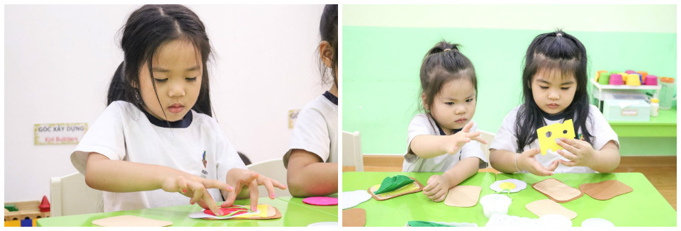 Lớp đã cắt dán, trang trí các “nguyên liệu” làm bánh Lớp đã cắt dán, trang trí các “nguyên liệu” làm bánh