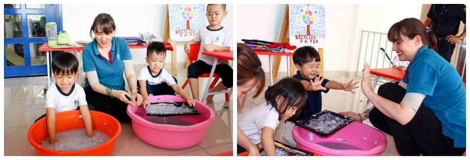Bé tái chế rác thải thành đồ chơi tại trường Mầm non Quốc tế Kindy City Bé tái chế rác thải thành đồ chơi
