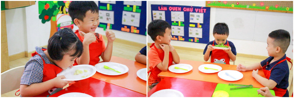 Cả lớp cũng được cô cho ngửi, nếm thử các nguyên liệu trước khi bắt tay vào chế biến.