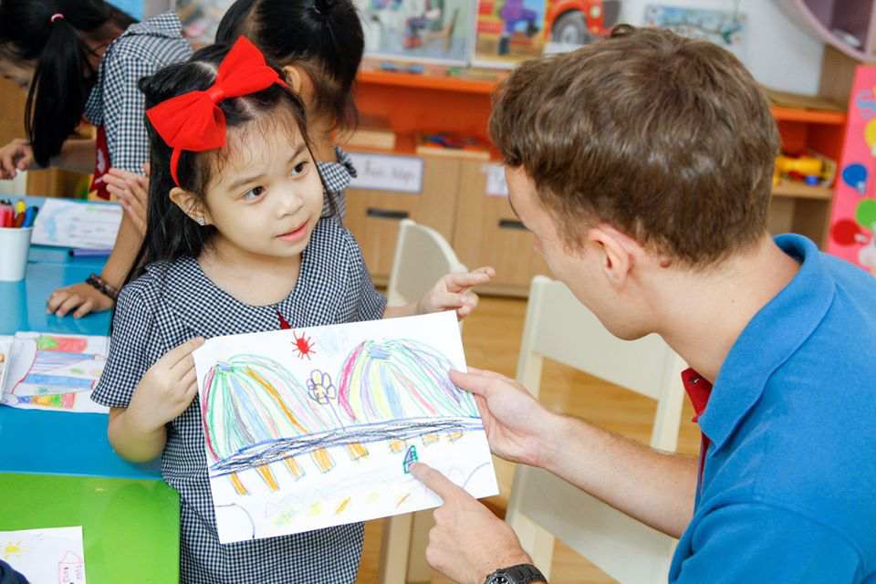 Thầy giáo nhận xét sau khi lắng nghe trẻ thuyết trình về bức tranh cây cầu dâyThầy giáo nhận xét sau khi lắng nghe trẻ thuyết trình về bức tranh cây cầu dây