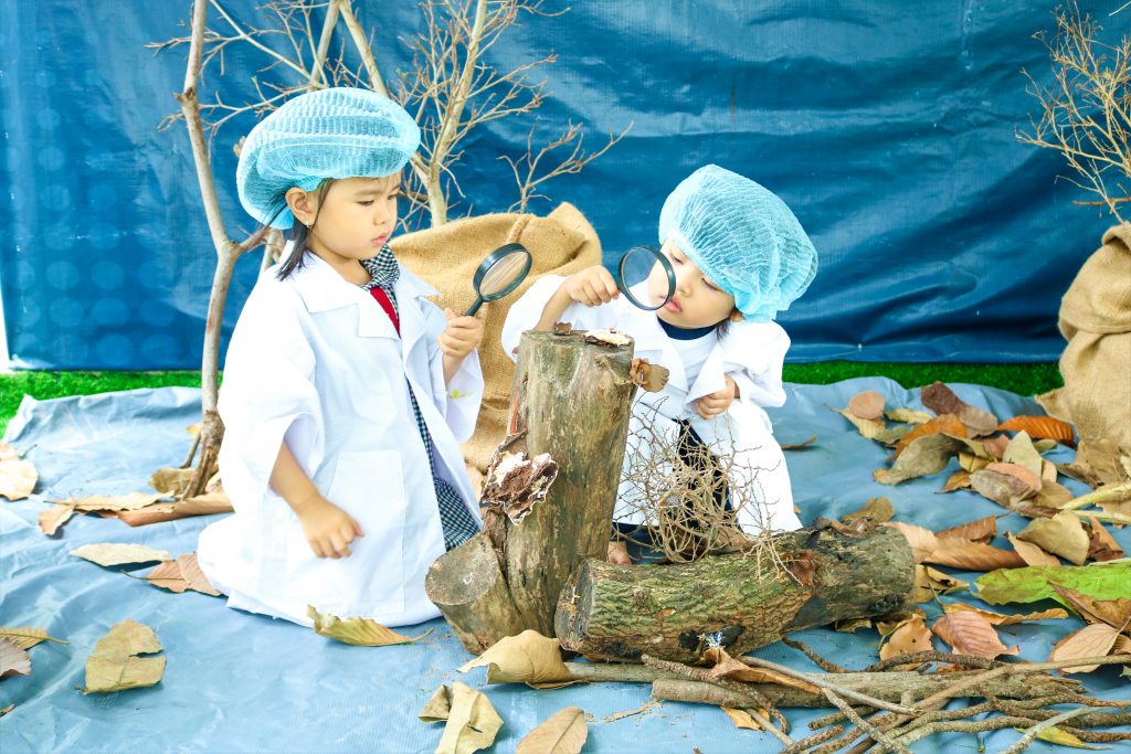 Students investigating leaves, trees in the “Integrated Activities” festivity